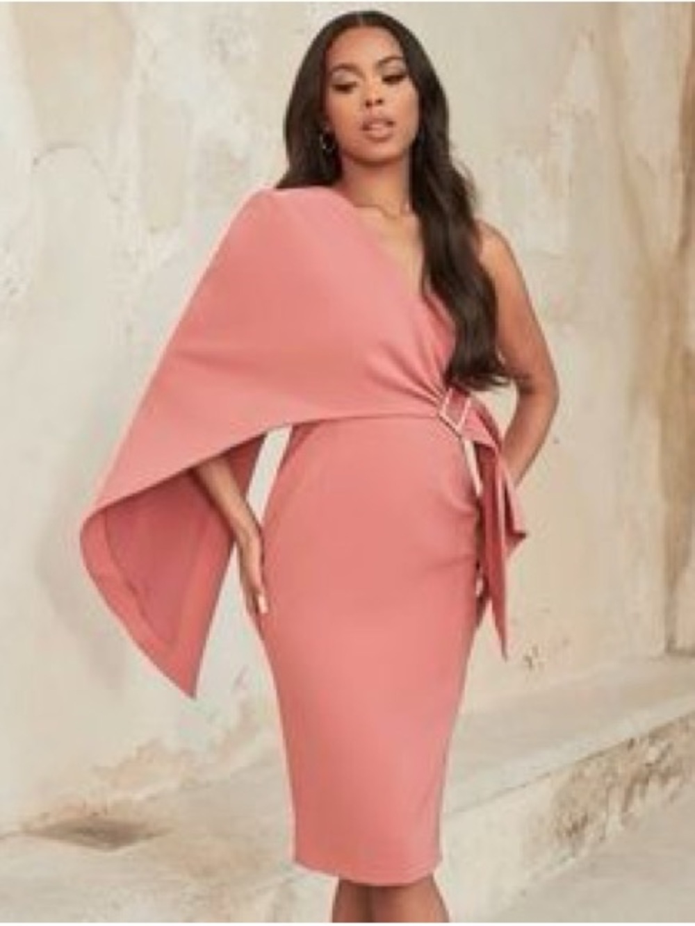 Lavish Alice One-Shoulder Coral Dress with Draped Cape